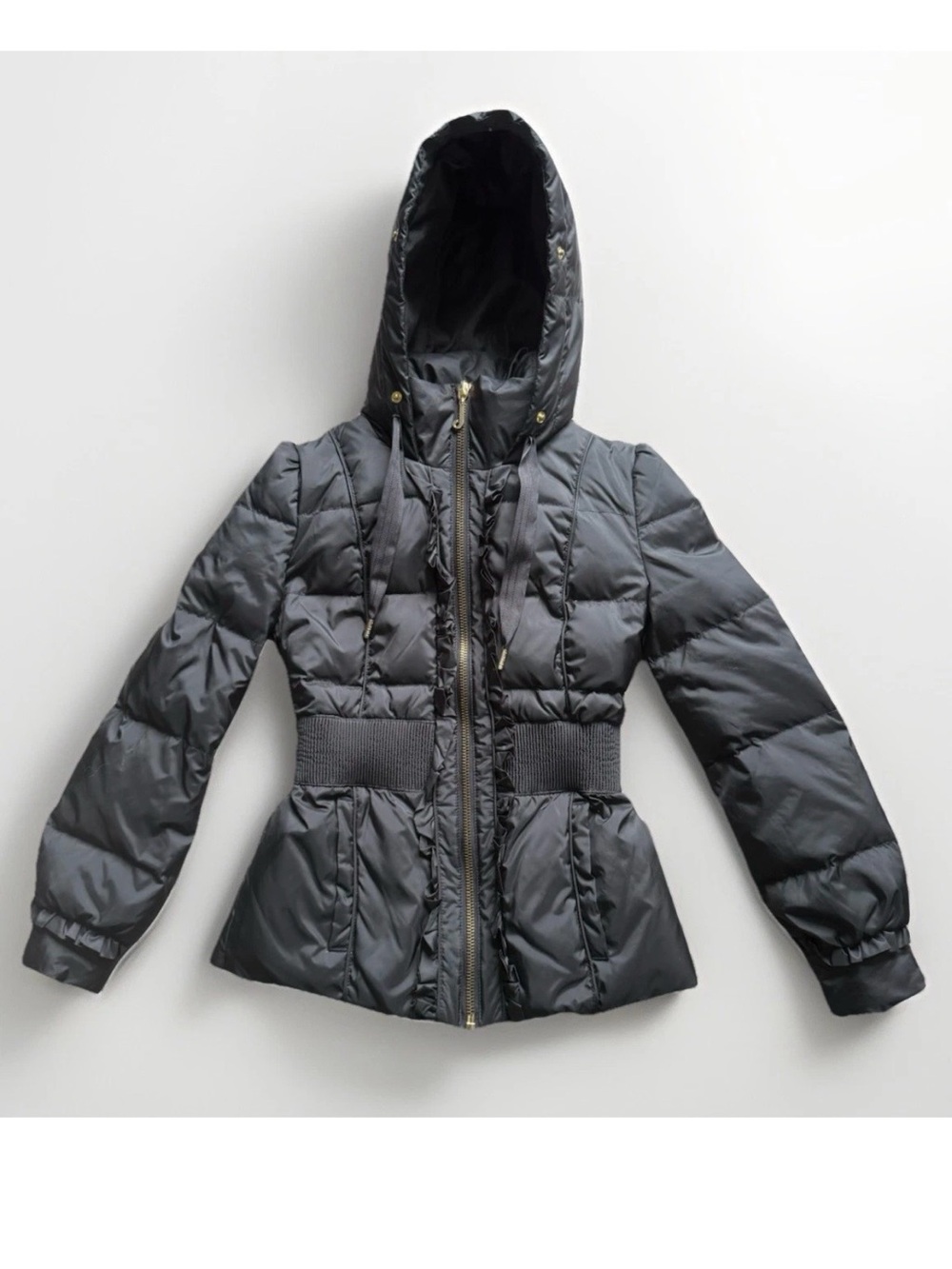 Juicy Couture Women’s XS Petite Black Hooded Cinch-Waist Down Puffer Jacket EUC